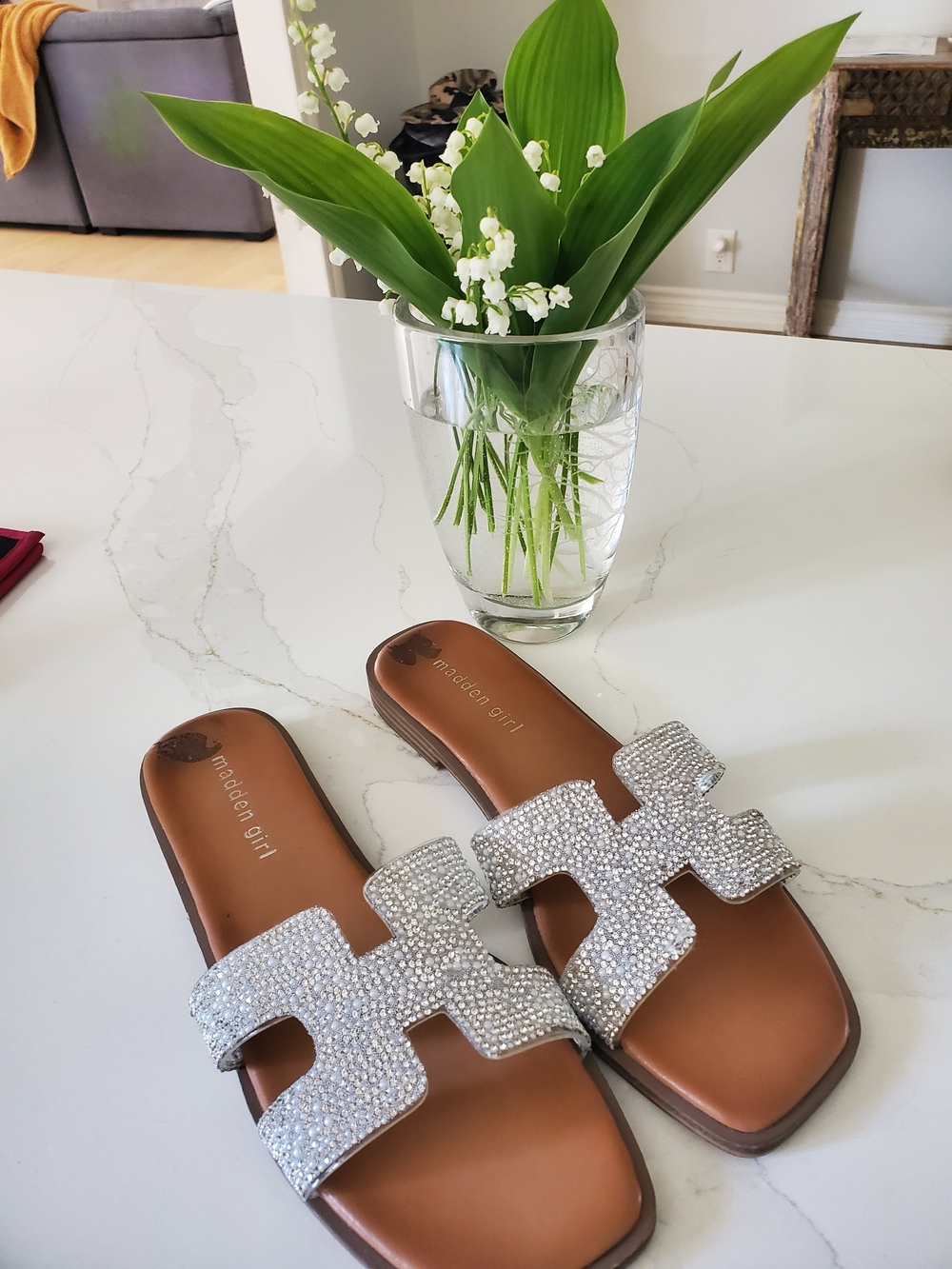 Madden Girl Silver Crystal Slide Sandals with Brown Footbed